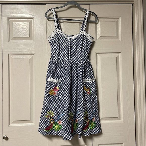 Lindy Bop Dresses & Skirts - Lindy Bop Navy Blue Gingham Embroidered Fruit Tropical Corinna Swing Dress Sz 10